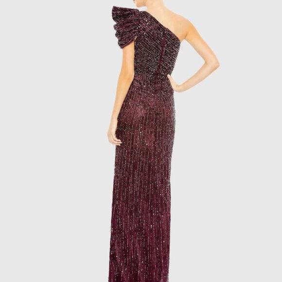NWT | Mac Duggal 5622 Embellished Puff One Shoulder Gown Deep Plum Blackberry 10 - Picture 2 of 7